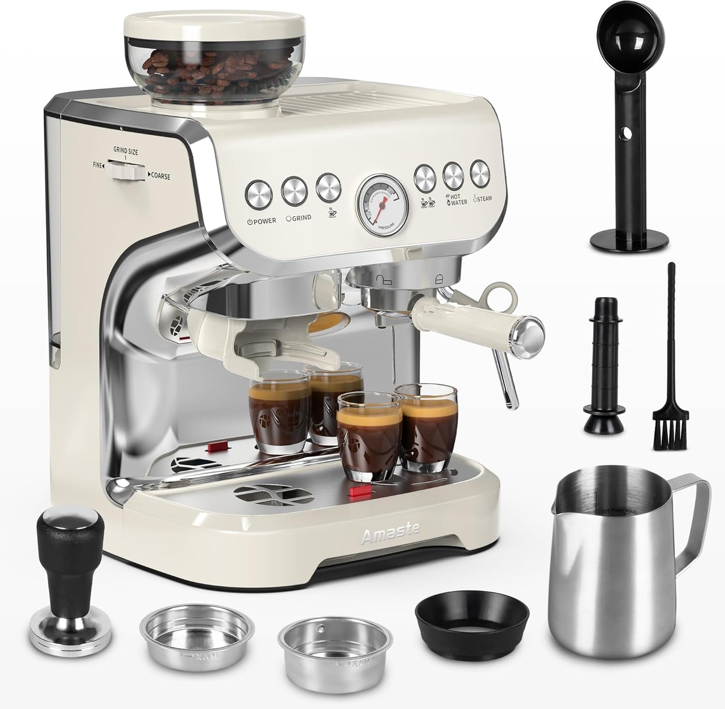 Cafeteira Espresso Amaste 15 Bar com Moinho Integrado, Vaporizador, 2L Branco, Kit Barista, Pre-Infusão, AC-517EA 110V