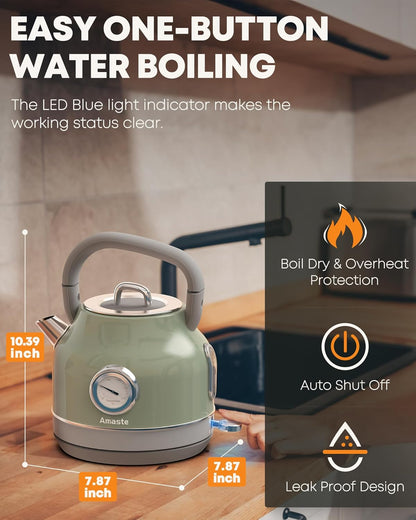 Chaleira Elétrica Amaste 1,7L Inox Verde Matcha, Termômetro Retro, 1500W, Proteção Antisseco, Tampa Removível, BT-K15FT 110V
