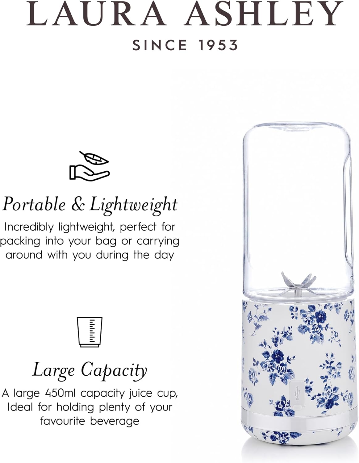 Mini Liquidificador Portátil Laura Ashley 450ml USB Recarregável China Rose, 100W, 6 Lâminas Inox, Garrafa para Smoothies, Viagem, Academia