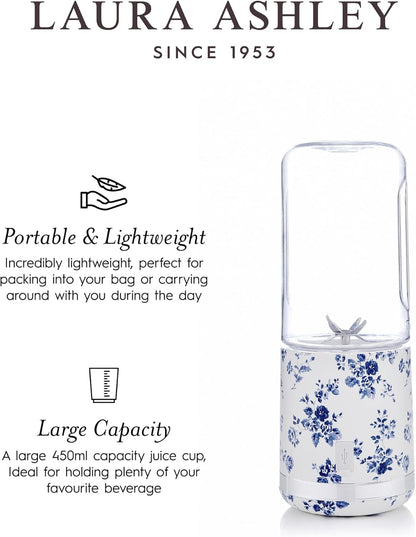 Mini Liquidificador Portátil Laura Ashley 450ml USB Recarregável China Rose, 100W, 6 Lâminas Inox, Garrafa para Smoothies, Viagem, Academia