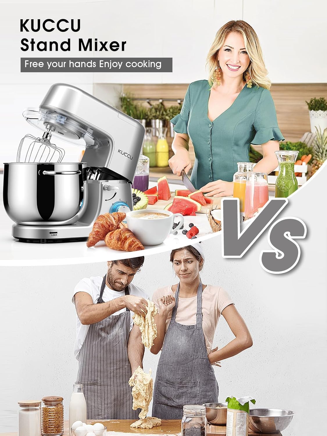 Batedeira Planetária KUCCU Prata 6 Velocidades 9,5L 660W Bowl Inox Duplo Cabo Tilt-Head Pulso Antiderrapante Lavável 110V