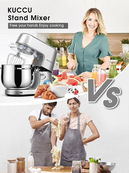 Batedeira Planetária KUCCU Prata 6 Velocidades 9,5L 660W Bowl Inox Duplo Cabo Tilt-Head Pulso Antiderrapante Lavável 110V