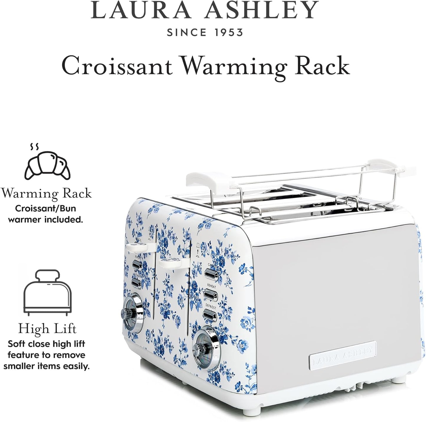 Torradeira 4 Fatias em Aço Inox Laura Ashley Rosa China com estampa floral, Slots Largos, 7 Níveis, Funções Descongelar, Reaquecer, Rack para Croissants, 1500W, 110V