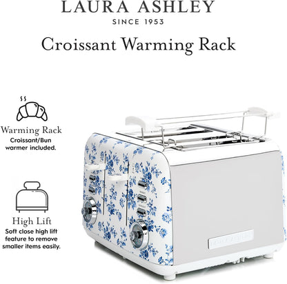Torradeira 4 Fatias em Aço Inox Laura Ashley Rosa China com estampa floral, Slots Largos, 7 Níveis, Funções Descongelar, Reaquecer, Rack para Croissants, 1500W, 110V