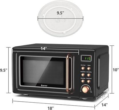 Forno micro-ondas de bancada LDAILY retrô dourado, 700W, 5 níveis de potência, menus automáticos, prato giratório, trava de segurança infantil, 20L, 110V