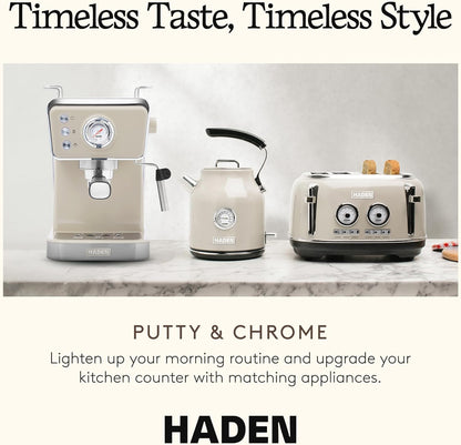 Máquina de Espresso Semi-Automática HADEN Barista Brew, Aço Inoxidável, Putty & Cobre, 20 Bar, Vaporizador de Leite, Reservatório 1,5L, 110V