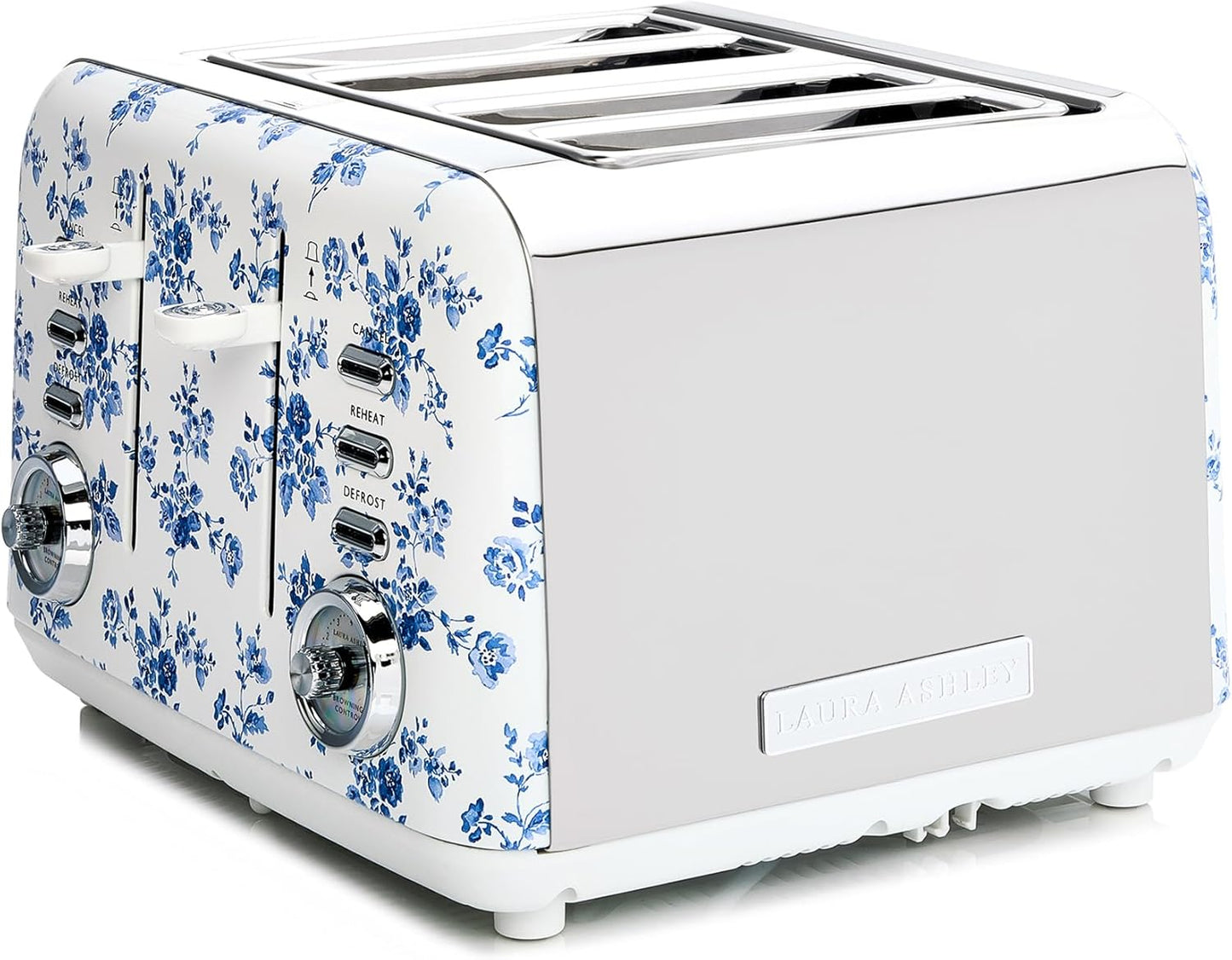 Torradeira 4 Fatias em Aço Inox Laura Ashley Rosa China com estampa floral, Slots Largos, 7 Níveis, Funções Descongelar, Reaquecer, Rack para Croissants, 1500W, 110V