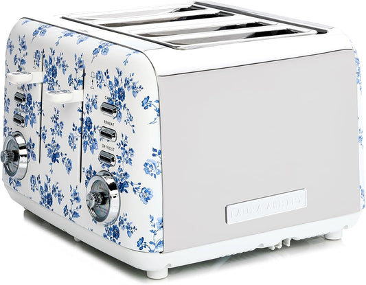 Torradeira 4 Fatias em Aço Inox Laura Ashley Rosa China com estampa floral, Slots Largos, 7 Níveis, Funções Descongelar, Reaquecer, Rack para Croissants, 1500W, 110V