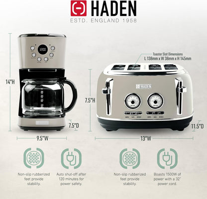 Cafeteira Elétrica HADEN 12 xícaras + Torradeira Dorset 4 fatias Inox Putty & Chrome, Filtro Lavável, Temporizador, 110V