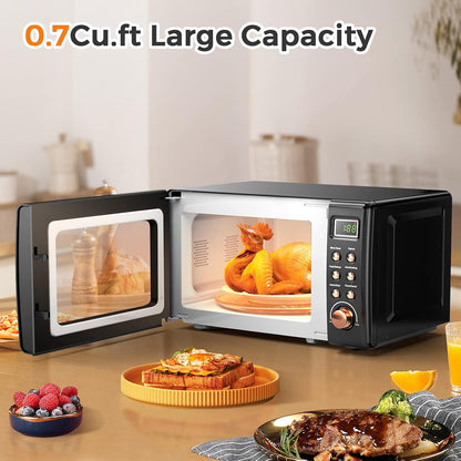 Forno micro-ondas de bancada LDAILY retrô dourado, 700W, 5 níveis de potência, menus automáticos, prato giratório, trava de segurança infantil, 20L, 110V