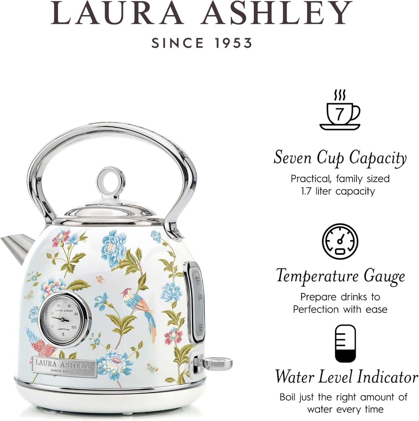 Chaleira Elétrica Laura Ashley 1,7L Inox Branco com Estampa Floral Elveden, Termômetro Externo, Filtro Removível, Dome VQ-SBPKK336-LAEW-US 1500W 110V