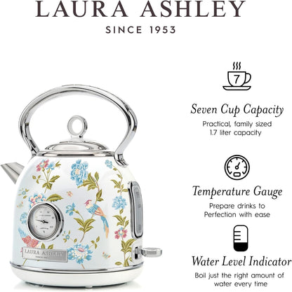 Chaleira Elétrica Laura Ashley 1,7L Inox Branco com Estampa Floral Elveden, Termômetro Externo, Filtro Removível, Dome VQ-SBPKK336-LAEW-US 1500W 110V