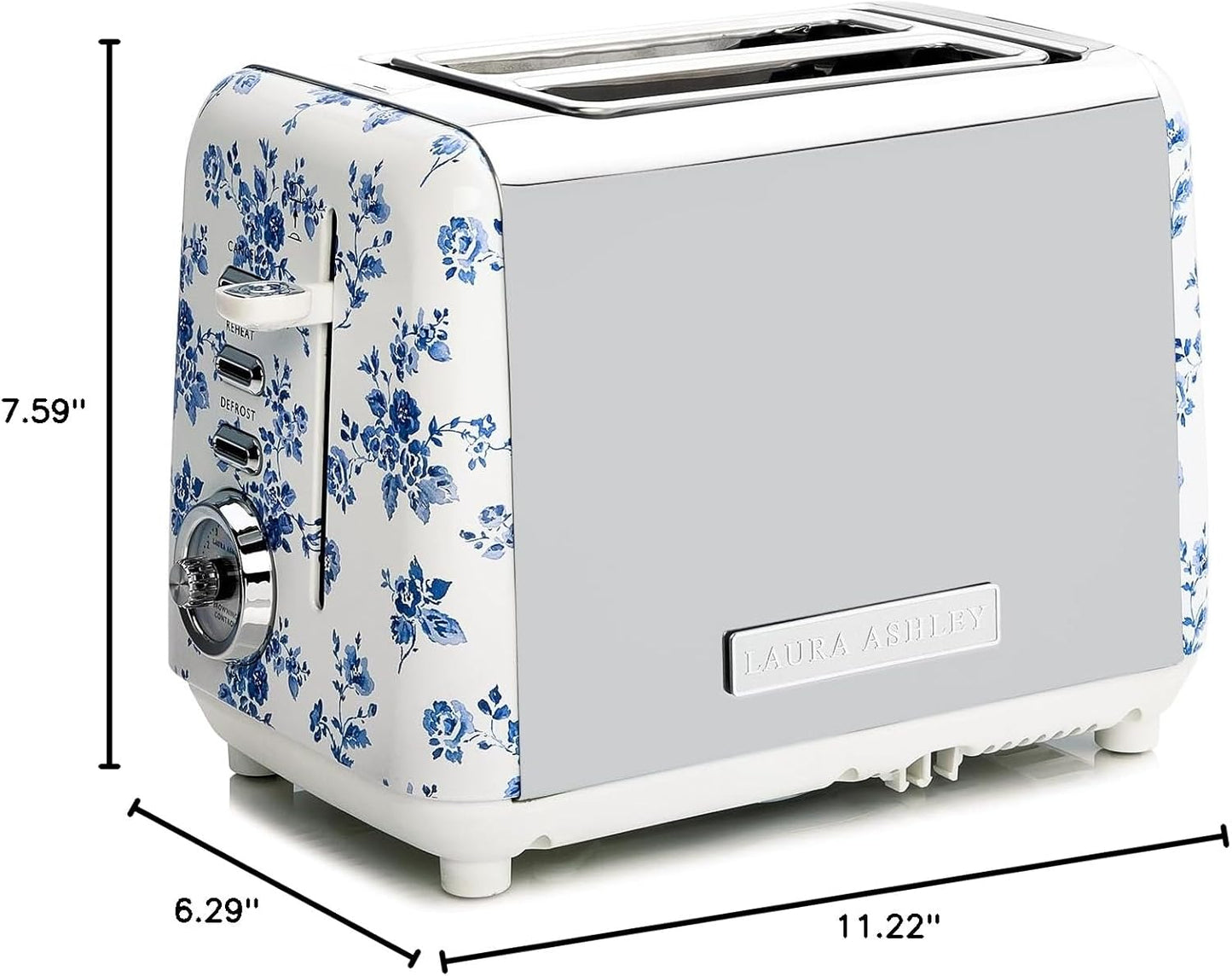 Torradeira 2 Fatias em Aço Inox Laura Ashley Rosa China com estampa floral, Slots Largos, 7 Níveis, Funções Descongelar, Reaquecer, Rack para Croissants, 850W, 110V