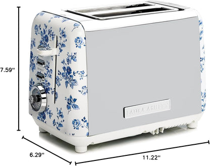 Torradeira 2 Fatias em Aço Inox Laura Ashley Rosa China com estampa floral, Slots Largos, 7 Níveis, Funções Descongelar, Reaquecer, Rack para Croissants, 850W, 110V