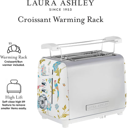 Torradeira 2 Fatias em Aço Inox Laura Ashley Branco com estampa floral Elveden, Slots Largos, 7 Níveis, Funções Descongelar, Reaquecer, Rack para Croissants, 850W, 110V