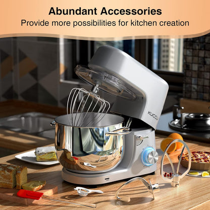 Batedeira Planetária KUCCU Prata 6 Velocidades 9,5L 660W Bowl Inox Duplo Cabo Tilt-Head Pulso Antiderrapante Lavável 110V