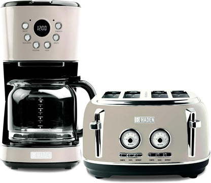 Cafeteira Elétrica HADEN 12 xícaras + Torradeira Dorset 4 fatias Inox Putty & Chrome, Filtro Lavável, Temporizador, 110V