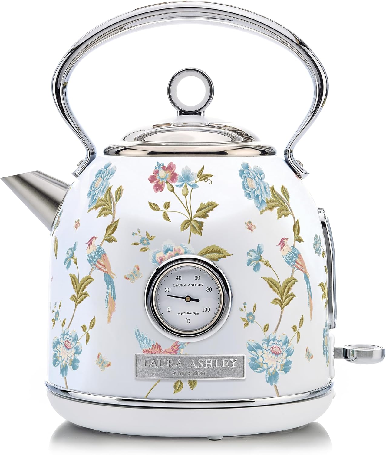 Chaleira Elétrica Laura Ashley 1,7L Inox Branco com Estampa Floral Elveden, Termômetro Externo, Filtro Removível, Dome VQ-SBPKK336-LAEW-US 1500W 110V