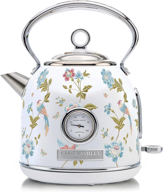 Chaleira Elétrica Laura Ashley 1,7L Inox Branco com Estampa Floral Elveden, Termômetro Externo, Filtro Removível, Dome VQ-SBPKK336-LAEW-US 1500W 110V