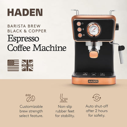 Máquina de Café Espresso HADEN Barista Brew Preto & Cobre, 20 Bar, Vaporizador, Reservatório 1,5L, Aço Inox, 110V