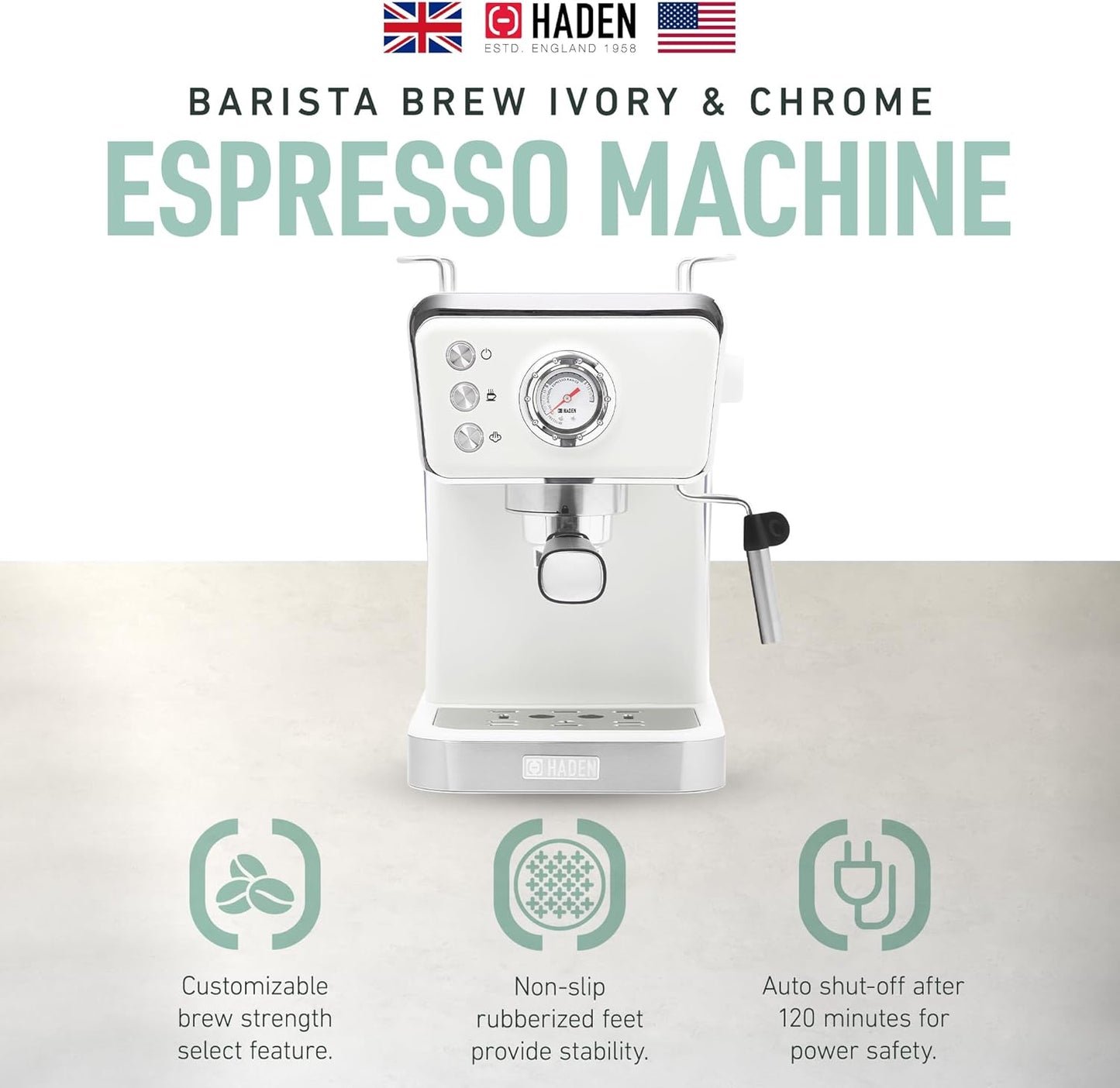 Máquina de Espresso Semi-Automática HADEN Barista Brew, Aço Inoxidável, Ivory & Cobre, 20 Bar, Vaporizador de Leite, Reservatório 1,5L, 110V