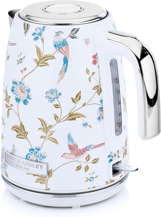 Chaleira Elétrica 1,7L Laura Ashley Branco Elveden Floral, Aço Inox, Proteção Superaquecimento, Filtro Removível, 1500W, 110V