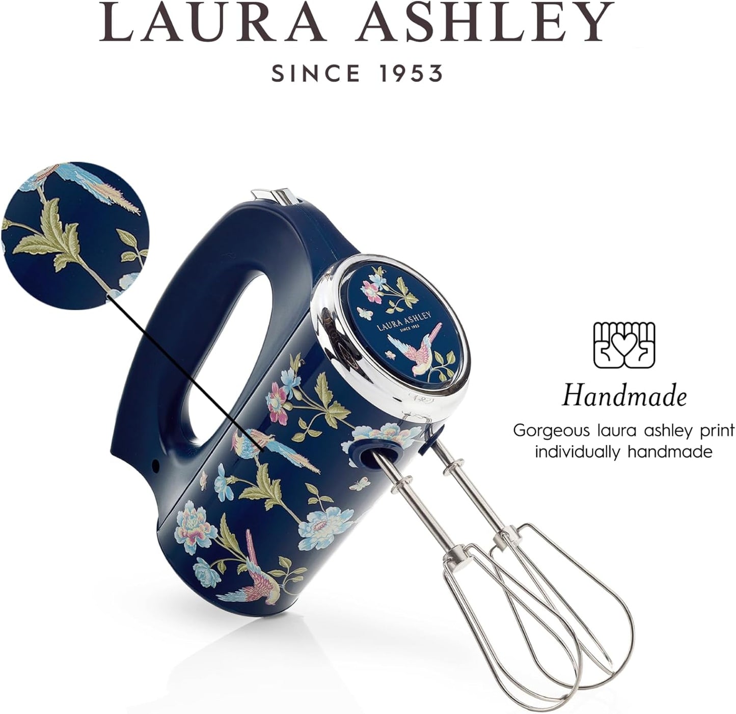 Batedeira de Mão Laura Ashley 200W Azul Marinho com Estampa Floral Elveden, 5 Velocidades Turbo Inox VQ-SBSMR57-LAEN-US 110V