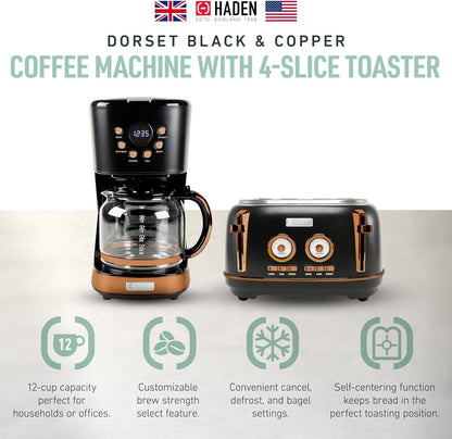 Kit Haden Dorset: torradeira 4 fatias e cafeteira 12 xícaras inox Preta & Cobre, Slots Largos, Função Descongelar, 110V