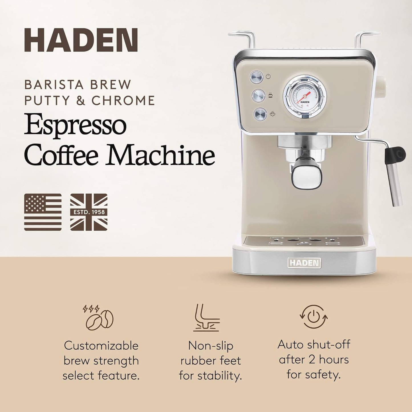 Máquina de Espresso Semi-Automática HADEN Barista Brew, Aço Inoxidável, Putty & Cobre, 20 Bar, Vaporizador de Leite, Reservatório 1,5L, 110V