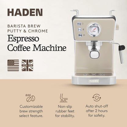 Máquina de Espresso Semi-Automática HADEN Barista Brew, Aço Inoxidável, Putty & Cobre, 20 Bar, Vaporizador de Leite, Reservatório 1,5L, 110V