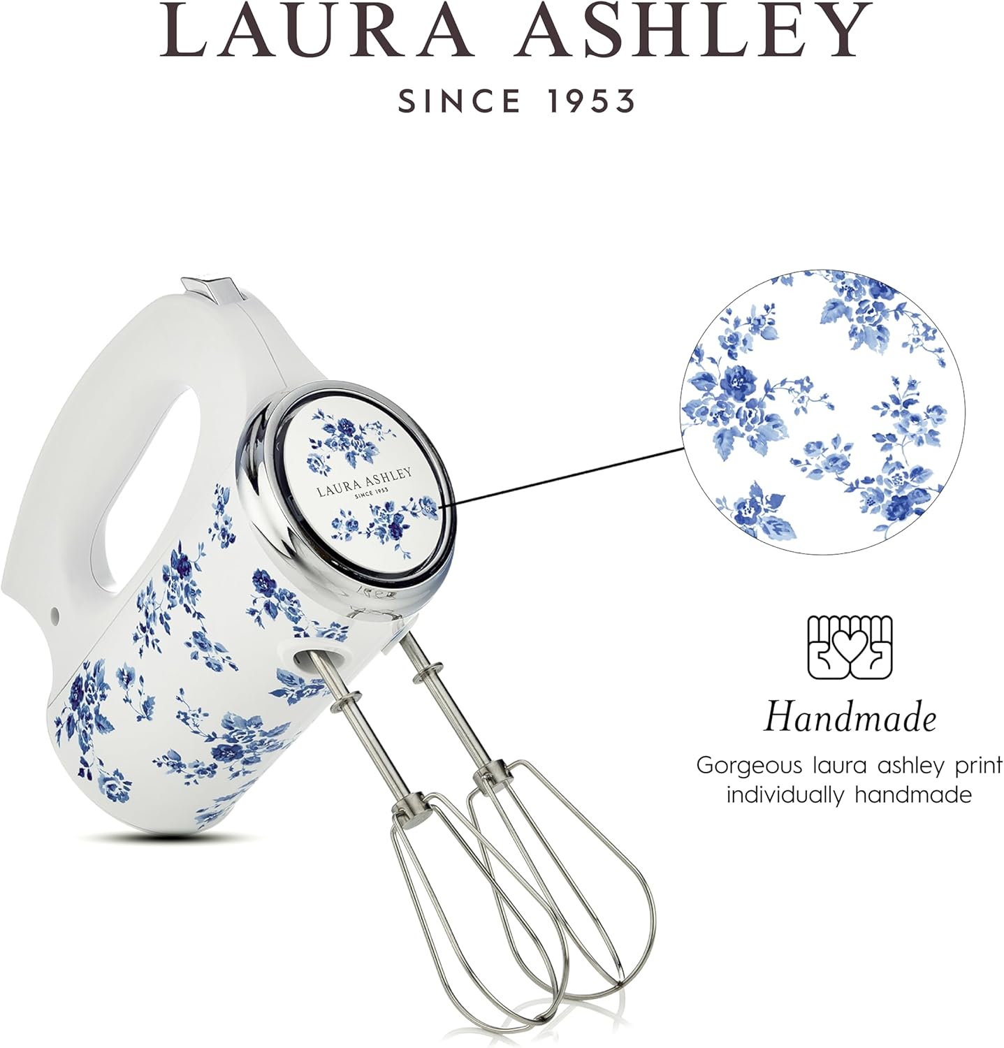 Batedeira de Mão Laura Ashley 200W Branco com Estampa Floral China Rose, 5 Velocidades Turbo Inox VQ-SBSMR57-LACR-US 110V