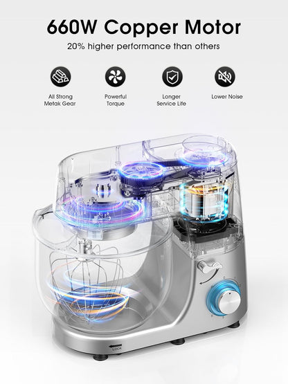 Batedeira Planetária KUCCU Prata 6 Velocidades 9,5L 660W Bowl Inox Duplo Cabo Tilt-Head Pulso Antiderrapante Lavável 110V