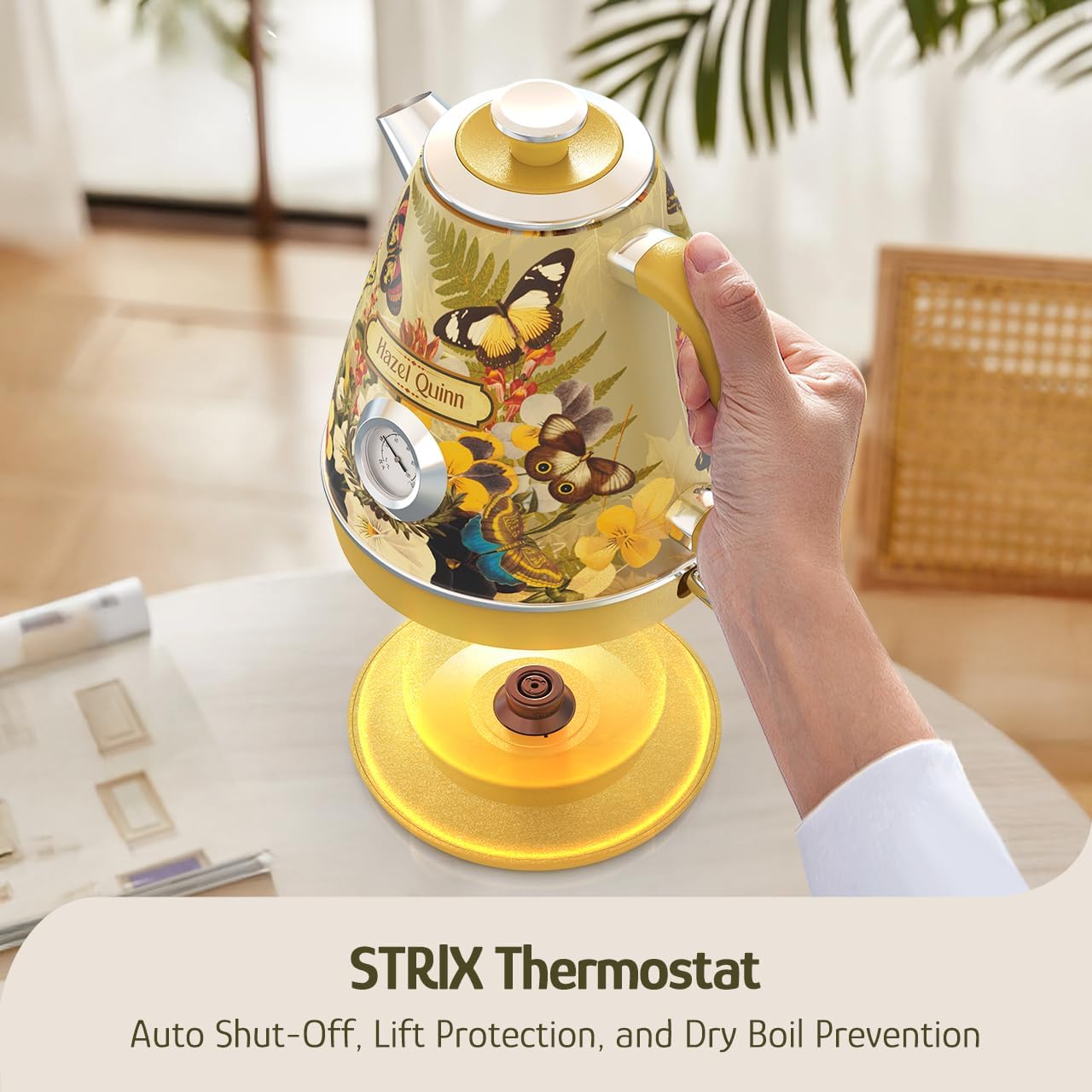 Chaleira Elétrica Hazel Quinn X Eduardo Recife Floral Retro 1,7L 1200W Inox 304 Termômetro Auto Desligamento Fervura Rápida 110V