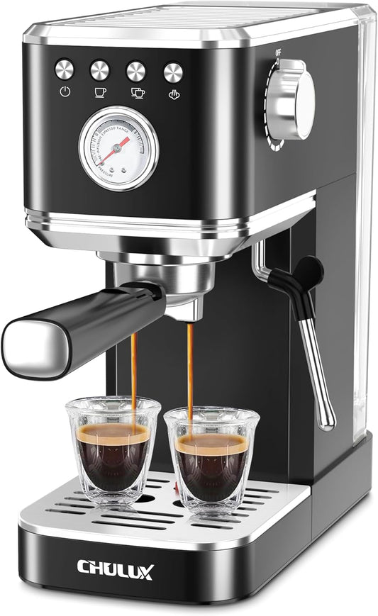 Máquina de Café Espresso CHULUX Slim Inox Preto, 20 Bar, Vaporizador, Painel Automático, Reservatório 1,18L, 110V