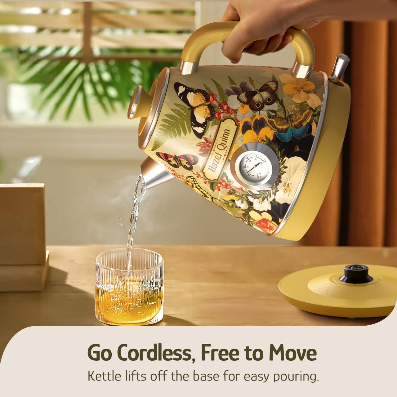 Chaleira Elétrica Hazel Quinn X Eduardo Recife Floral Retro 1,7L 1200W Inox 304 Termômetro Auto Desligamento Fervura Rápida 110V