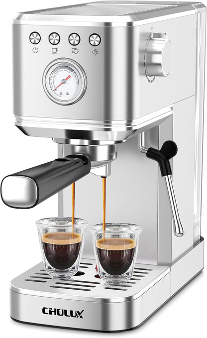 Máquina de Café Espresso CHULUX Slim Inox Prata, 20 Bar, Vaporizador, Painel Automático, Reservatório 1,18L, 110V