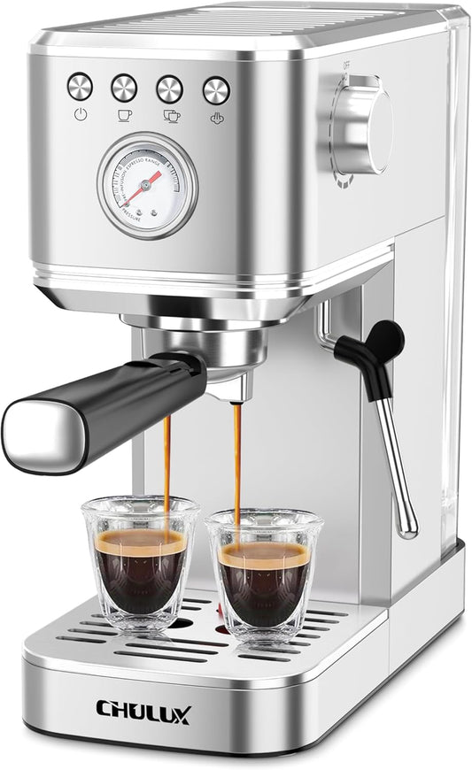 Máquina de Café Espresso CHULUX Slim Inox Prata, 20 Bar, Vaporizador, Painel Automático, Reservatório 1,18L, 110V