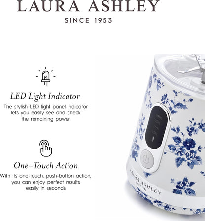 Mini Liquidificador Portátil Laura Ashley 450ml USB Recarregável China Rose, 100W, 6 Lâminas Inox, Garrafa para Smoothies, Viagem, Academia