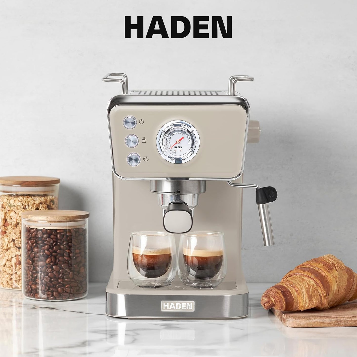 Máquina de Espresso Semi-Automática HADEN Barista Brew, Aço Inoxidável, Putty & Cobre, 20 Bar, Vaporizador de Leite, Reservatório 1,5L, 110V