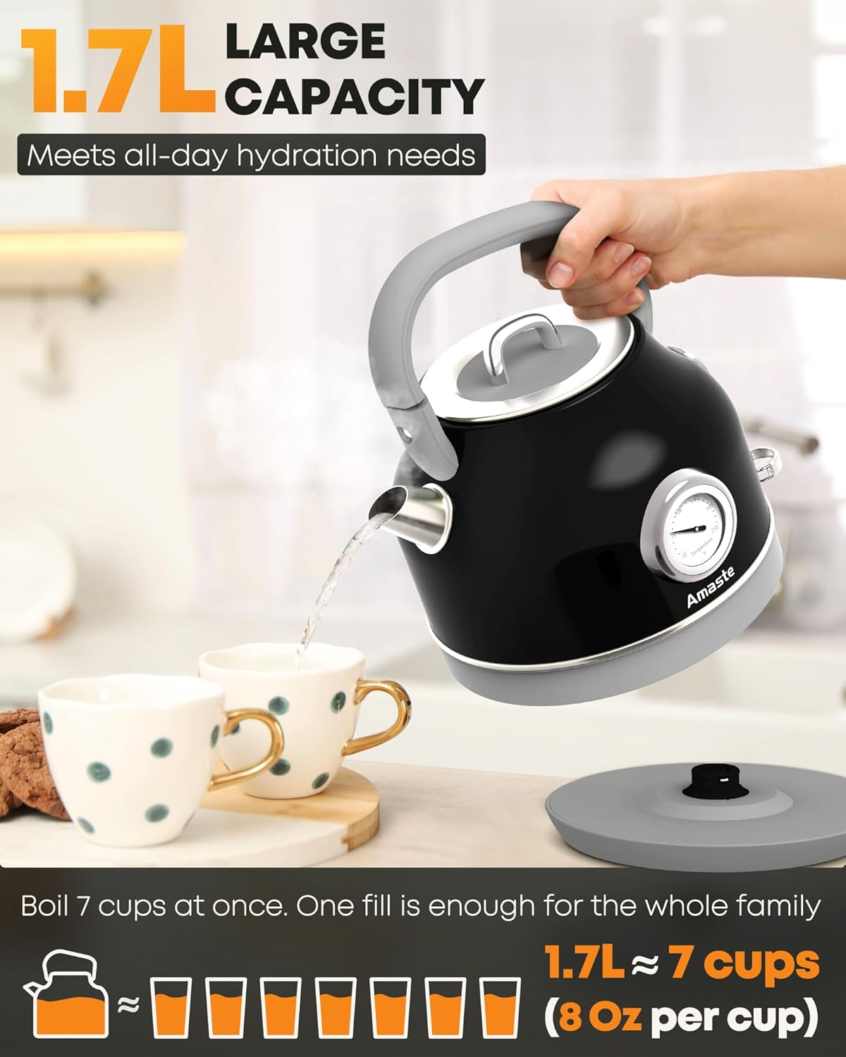 Chaleira Elétrica Amaste 1,7L Inox Preta, Termômetro Retrô, 1500W, Proteção Antisseco, Tampa Removível, BT-K15FT 110V