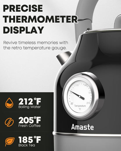 Chaleira Elétrica Amaste 1,7L Inox Preta, Termômetro Retrô, 1500W, Proteção Antisseco, Tampa Removível, BT-K15FT 110V