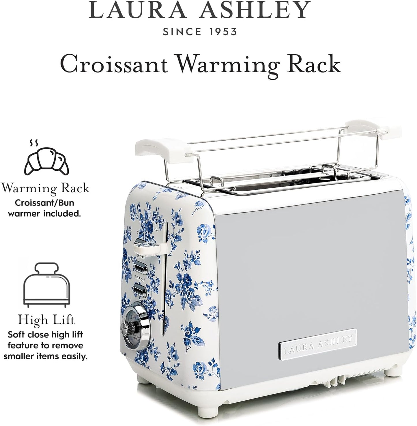 Torradeira 2 Fatias em Aço Inox Laura Ashley Rosa China com estampa floral, Slots Largos, 7 Níveis, Funções Descongelar, Reaquecer, Rack para Croissants, 850W, 110V