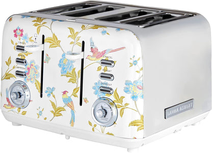 Torradeira 4 Fatias em Aço Inox Laura Ashley Branco com estampa floral Elveden, Slots Largos, 7 Níveis, Funções Descongelar, Reaquecer, Rack para Croissants, 1500W, 110V