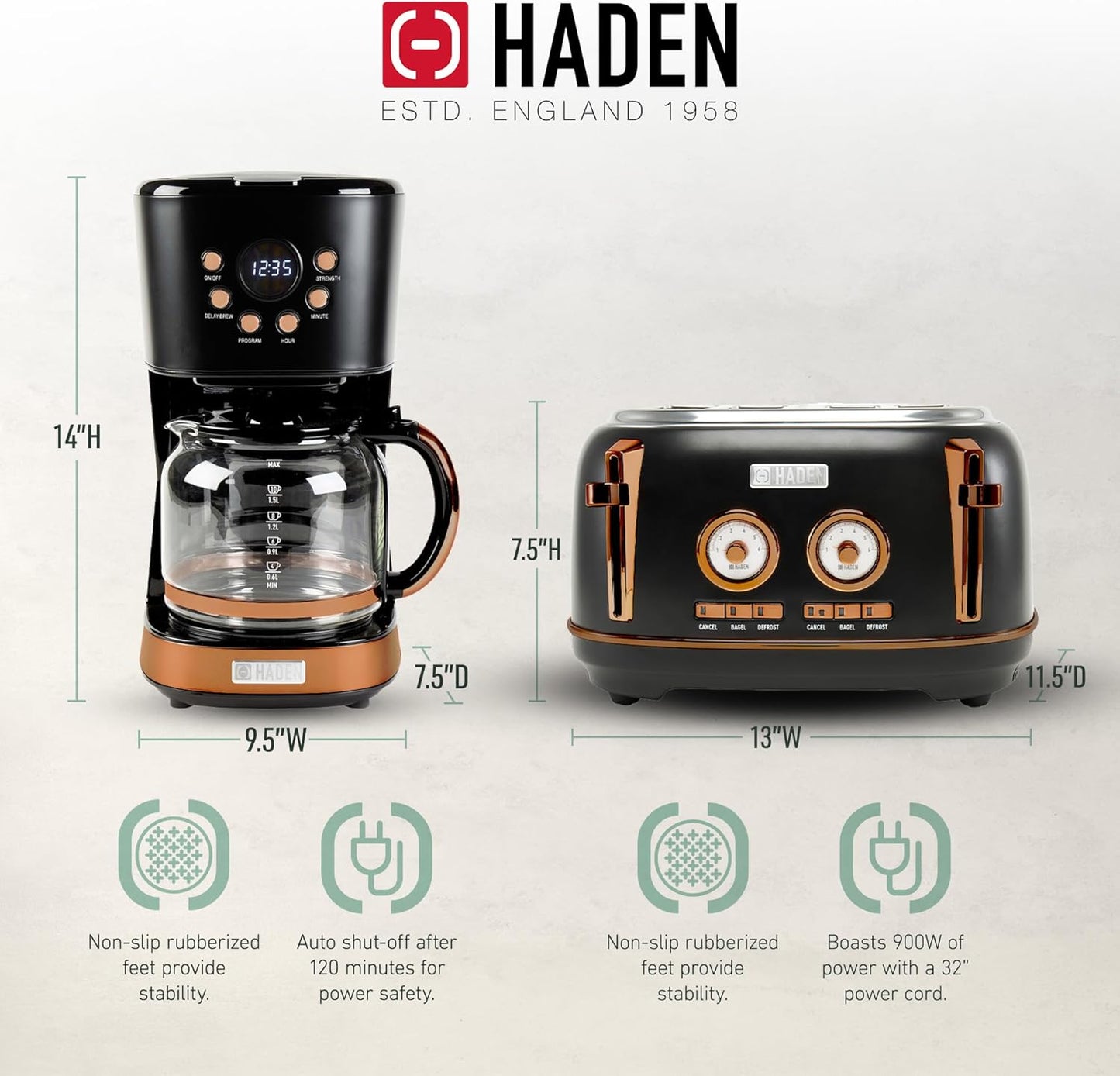 Kit Haden Dorset: torradeira 4 fatias e cafeteira 12 xícaras inox Preta & Cobre, Slots Largos, Função Descongelar, 110V