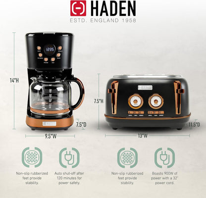 Kit Haden Dorset: torradeira 4 fatias e cafeteira 12 xícaras inox Preta & Cobre, Slots Largos, Função Descongelar, 110V