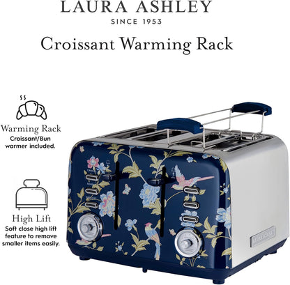 Torradeira 4 Fatias em Aço Inox Laura Ashley Azul Marinho com estampa floral Elveden, Slots Largos, 7 Níveis, Funções Descongelar, Reaquecer, Rack para Croissants, 1500W, 110V