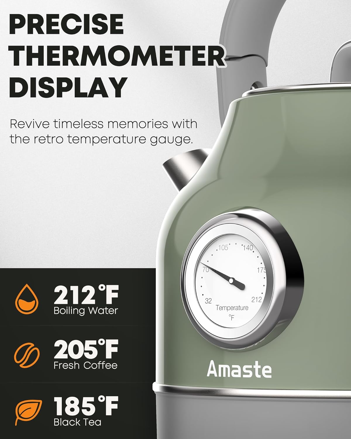 Chaleira Elétrica Amaste 1,7L Inox Verde Matcha, Termômetro Retro, 1500W, Proteção Antisseco, Tampa Removível, BT-K15FT 110V