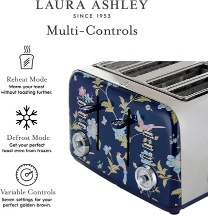 Torradeira 4 Fatias em Aço Inox Laura Ashley Azul Marinho com estampa floral Elveden, Slots Largos, 7 Níveis, Funções Descongelar, Reaquecer, Rack para Croissants, 1500W, 110V