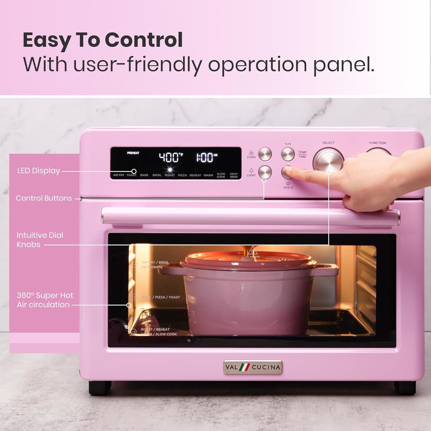 Forno Elétrico de Bancada Air Fryer Toaster Oven 10 em 1 VAL CUCINA TA25-GP3 Rosa Retrô, 26,3 L, Infravermelho, 1750 W, 110 V