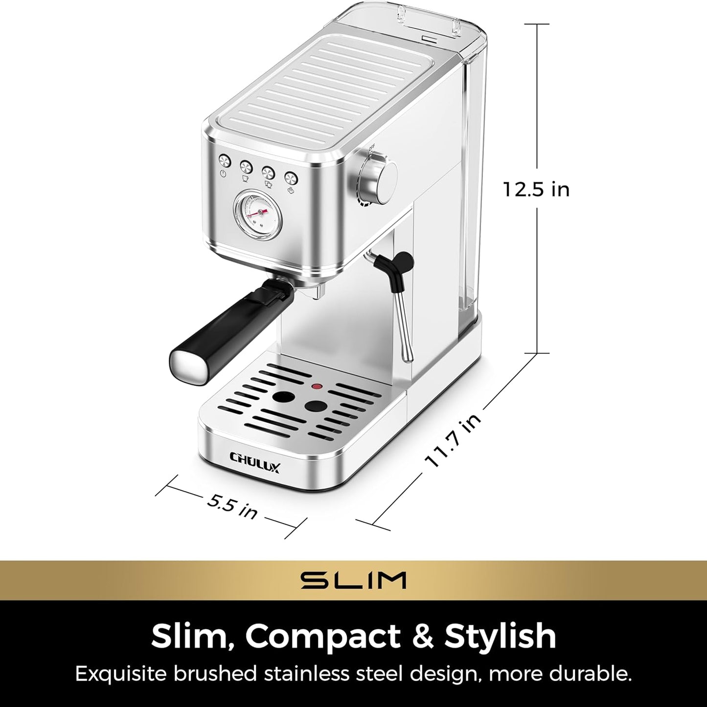 Máquina de Café Espresso CHULUX Slim Inox Prata, 20 Bar, Vaporizador, Painel Automático, Reservatório 1,18L, 110V